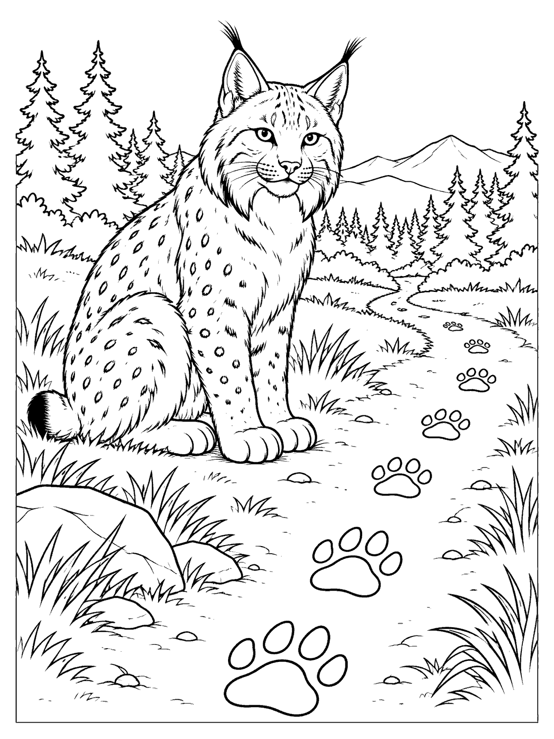 Seated lynx beside a winding trail of feline paw prints in a forest clearing