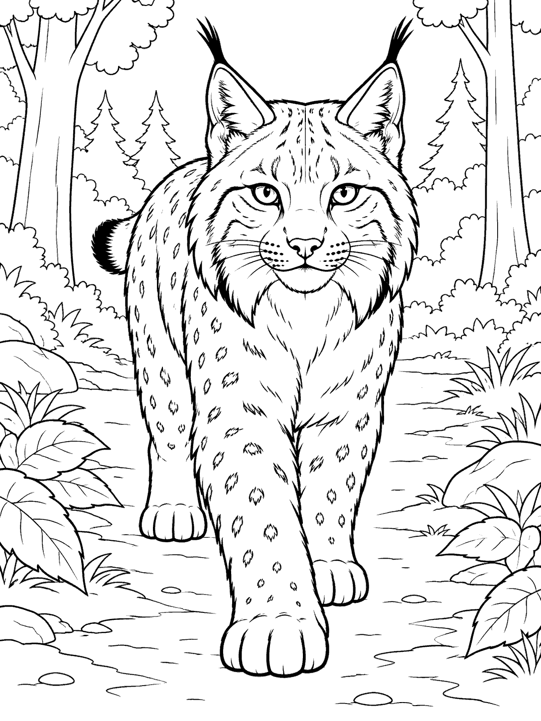 Lynx walking toward the viewer on a forest path, framed by trees and large leaves.