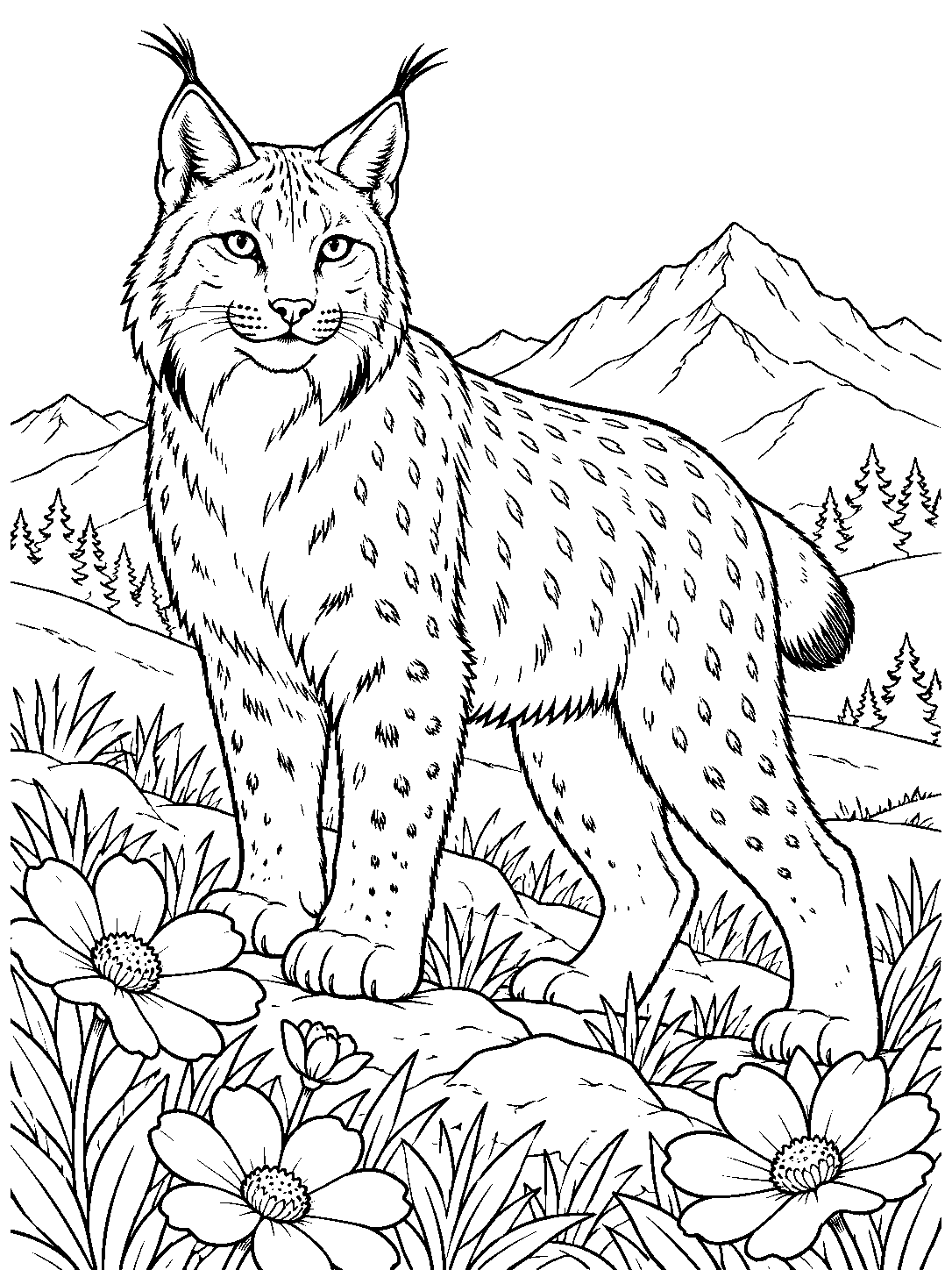 A standing lynx in a mountain meadow, surrounded by wildflowers with mountain peaks in the background.