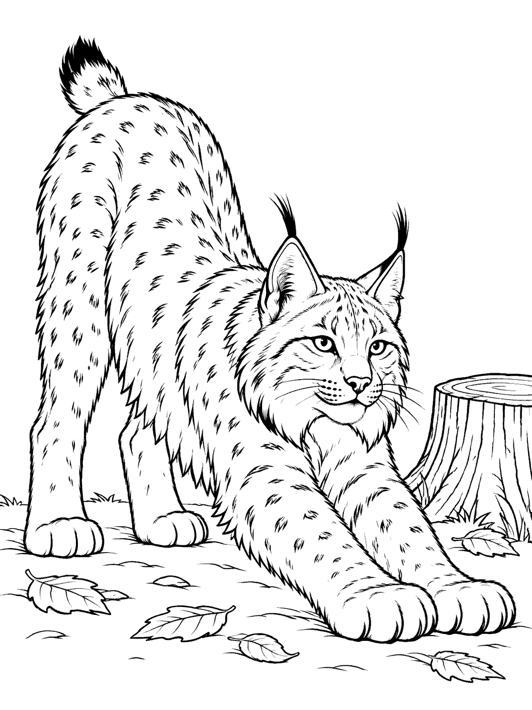 A lynx stretching forward beside a tree stump, with a few leaves on the ground.