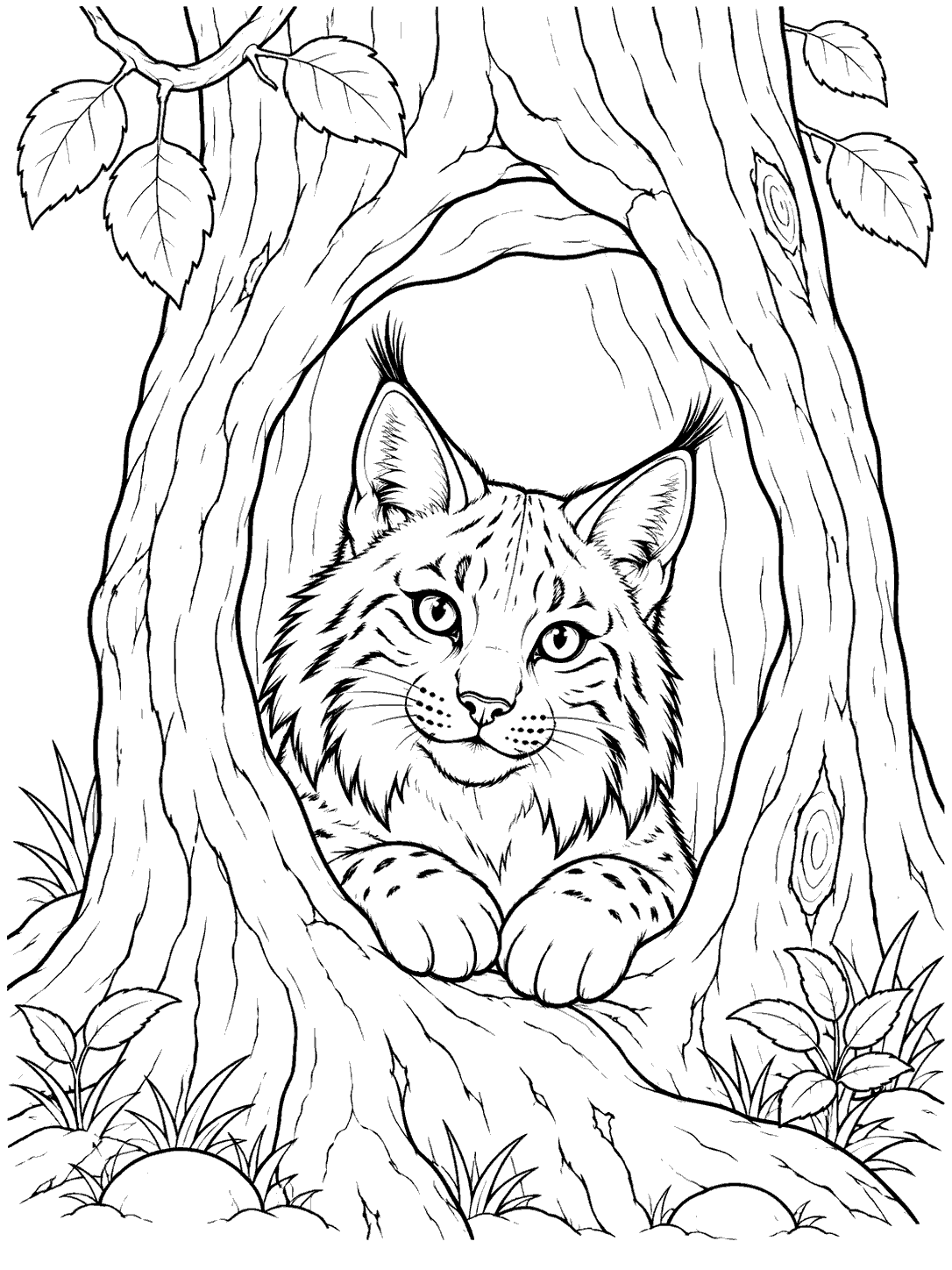 Lynx peeking from a tree hollow, with tufted ears and front paws visible among tree trunks and leaves.