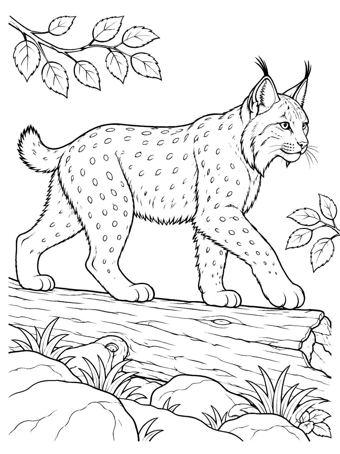 Side-view lynx walking along a fallen log, with leafy branches and simple ground details.