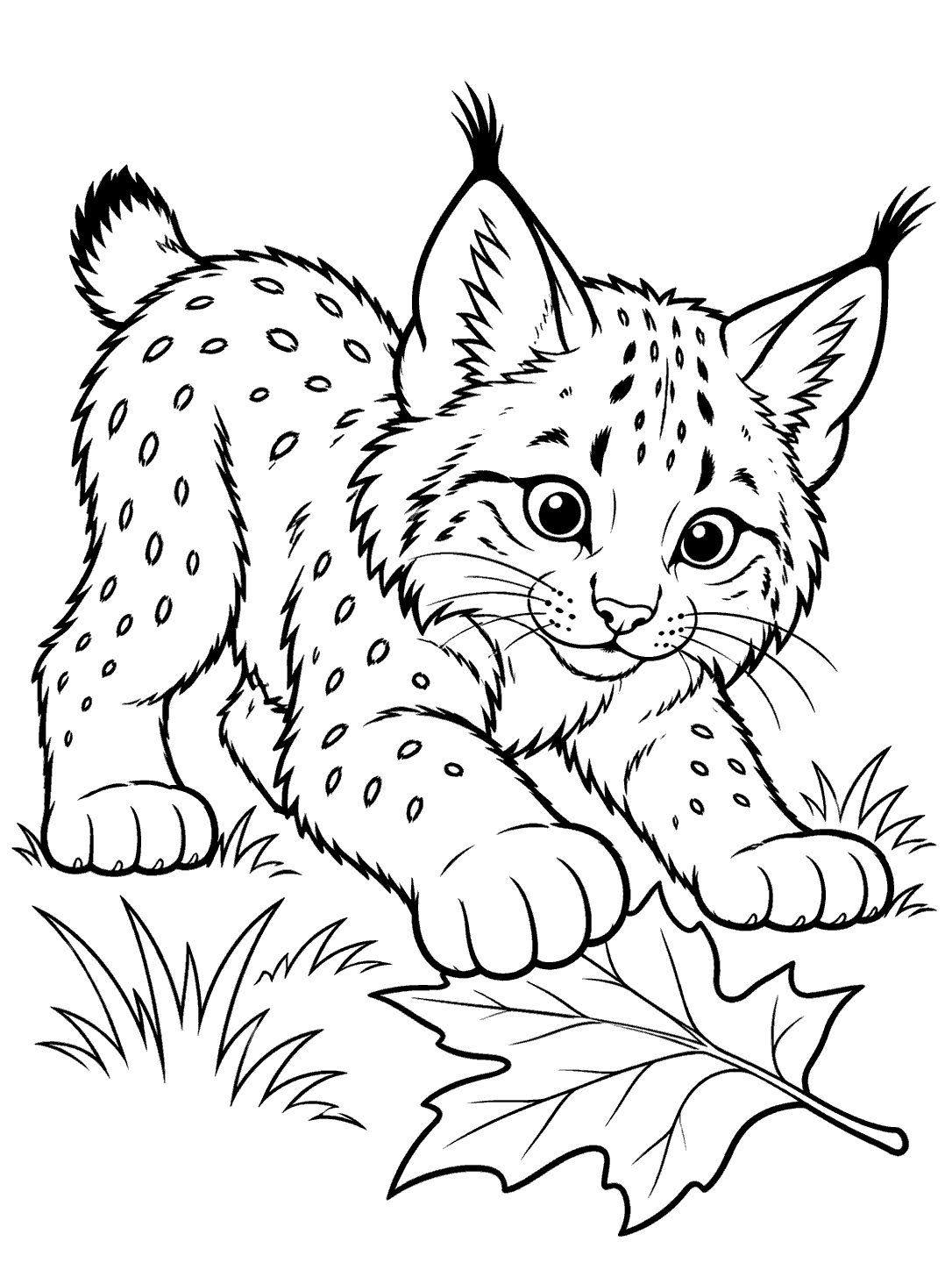 A spotted lynx cub crouches with its tufted ears, short tail, and paws visible, reaching toward a large fallen leaf beside a small patch of grass.
