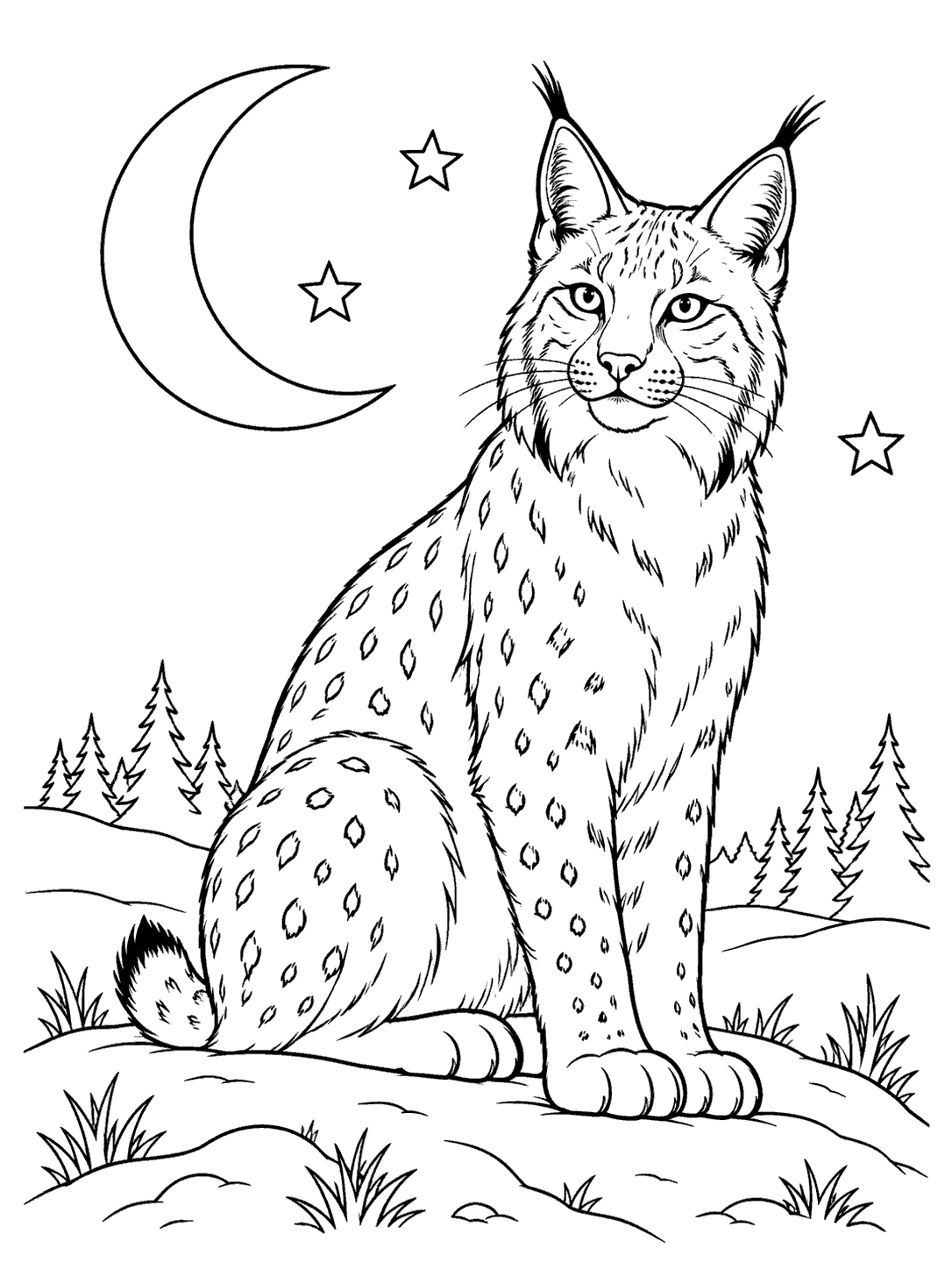 Detailed lynx sitting on a snowy hill beneath a crescent moon and three outlined stars, with distant pine trees.