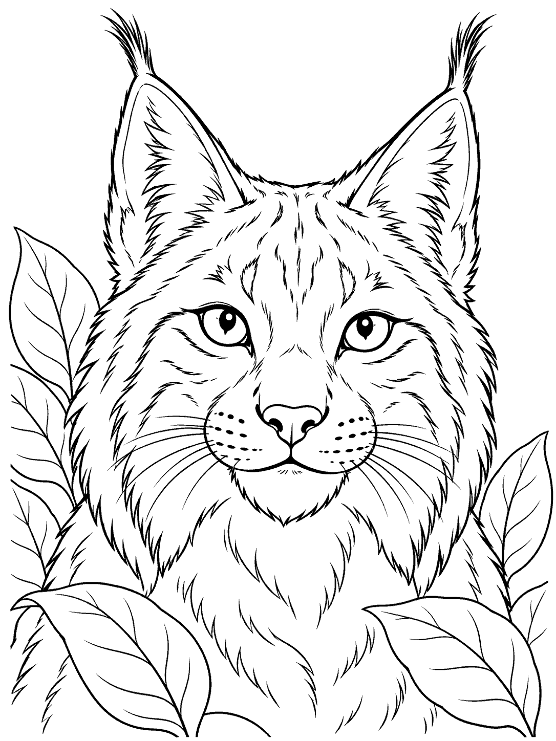 Lynx portrait framed by forest leaves