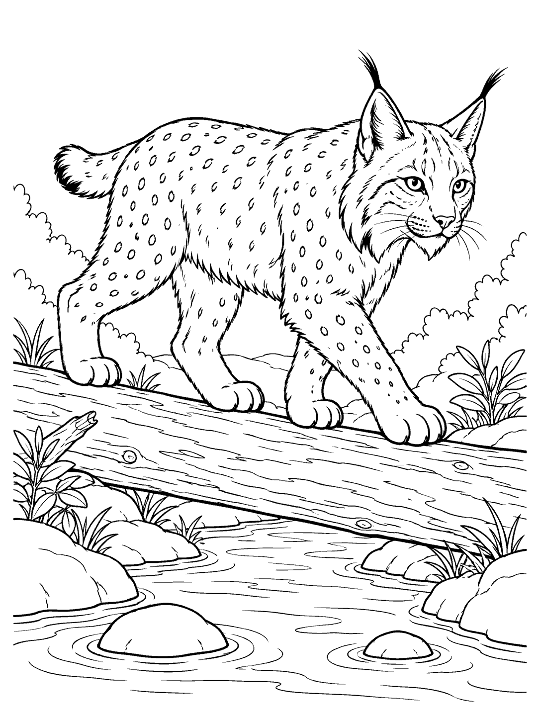 Black-and-white coloring page of a lynx with all four legs visible crossing a log over a creek, with stones and sparse plants.