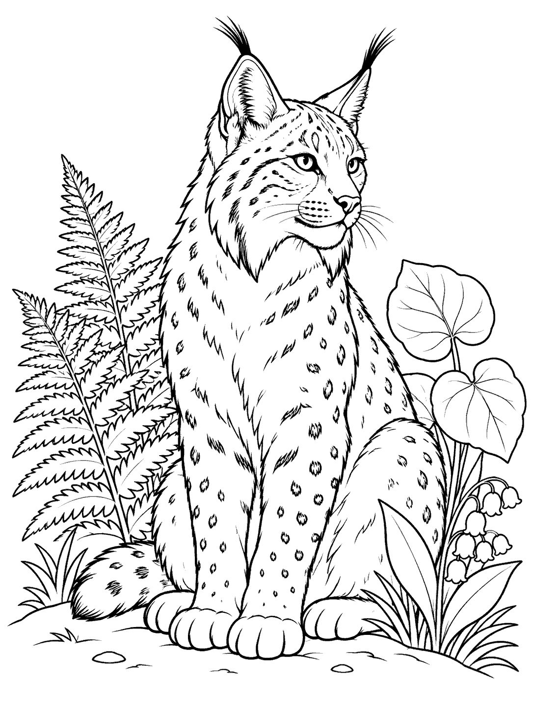 A seated lynx faces slightly to the side in a woodland clearing, framed by three plants and a curved ground line.