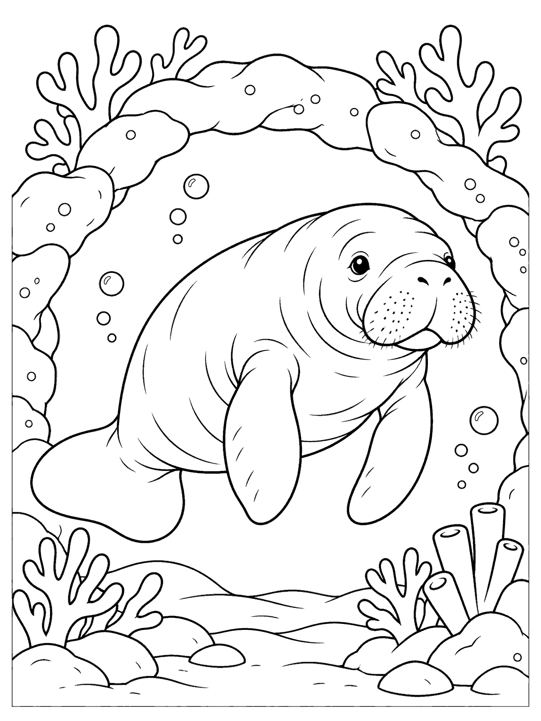 Manatee swimming beneath a rounded coral arch in a printable coloring page
