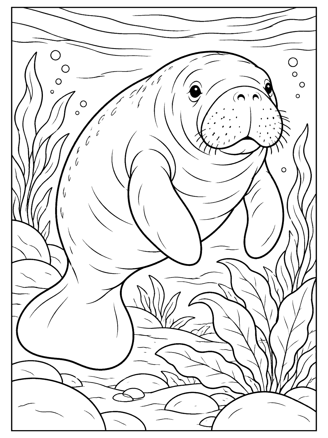 Black-outline coloring page of a manatee floating among aquatic plants in a freshwater spring