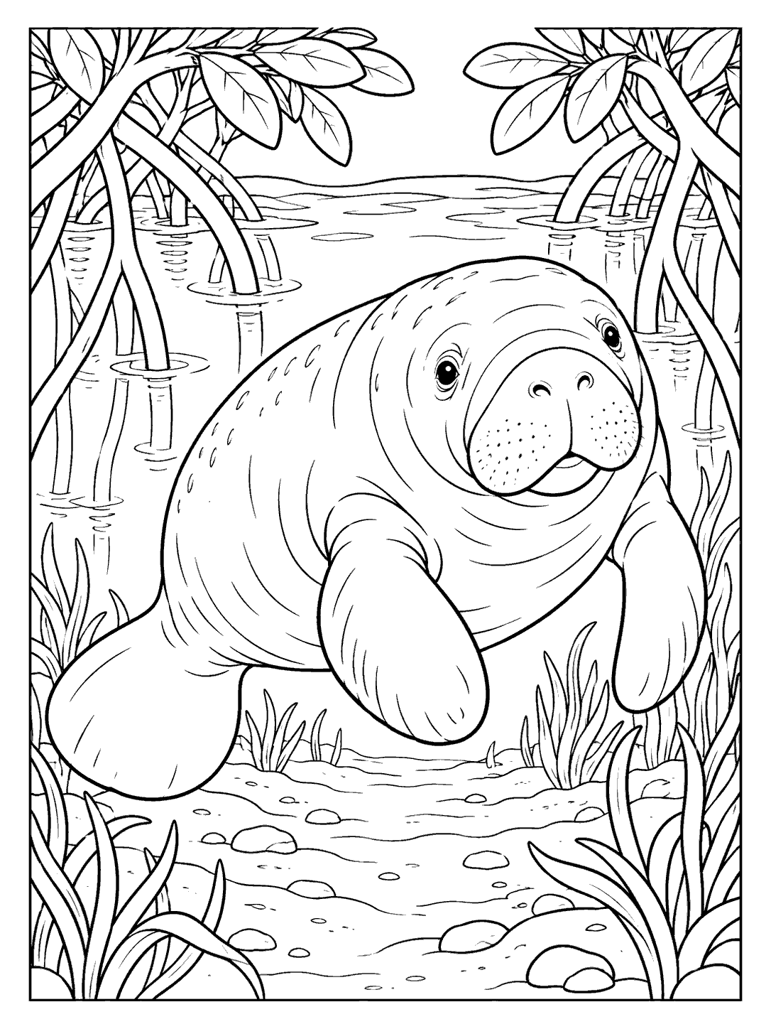 Black-outline manatee swimming among mangrove roots and shoreline plants in a coloring page.