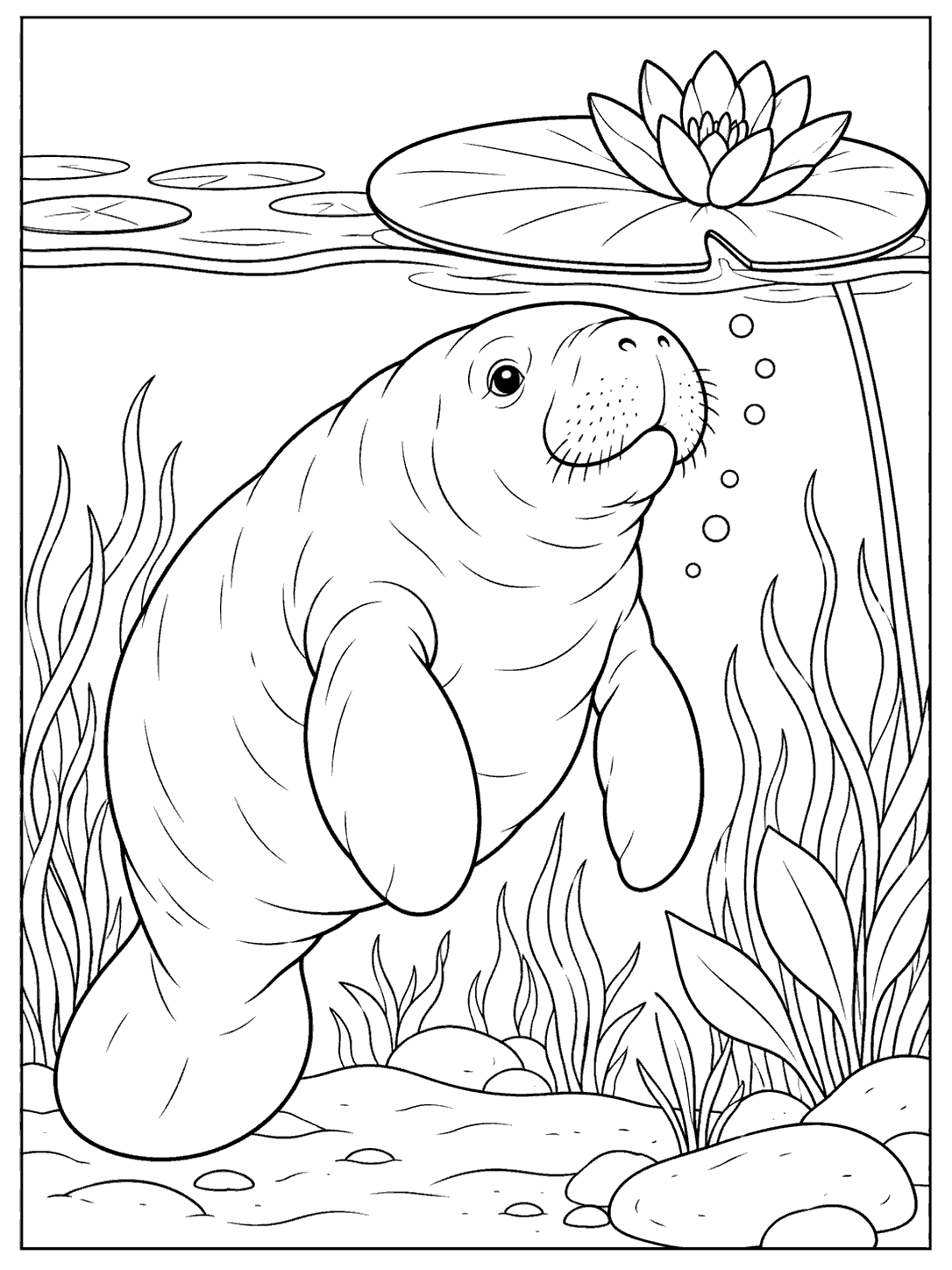 Manatee beneath a flowering lily pad in a black-outline coloring page