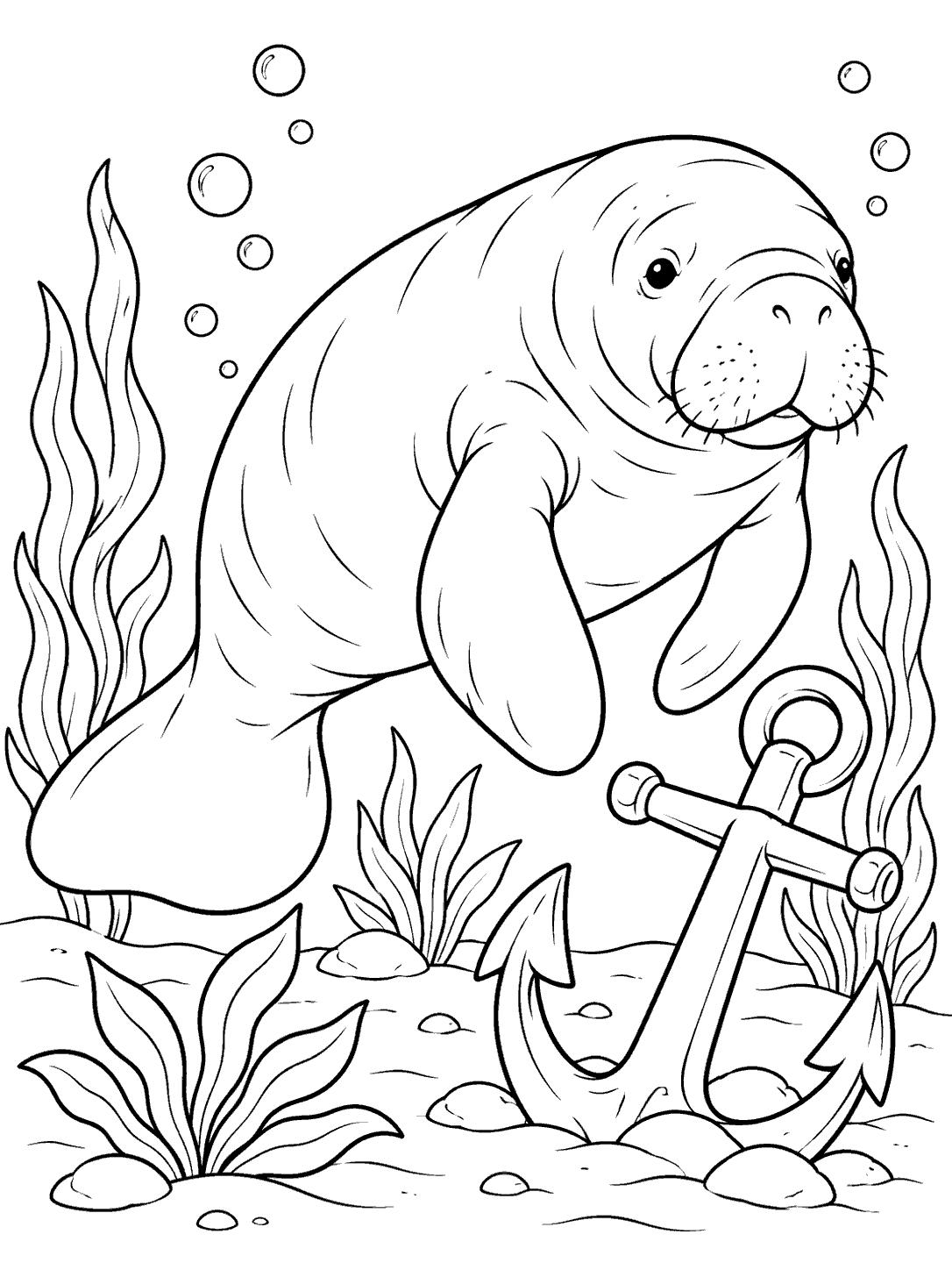Black-outline coloring page showing a smiling manatee swimming beside an anchor on the seabed, surrounded by sea plants and bubbles.