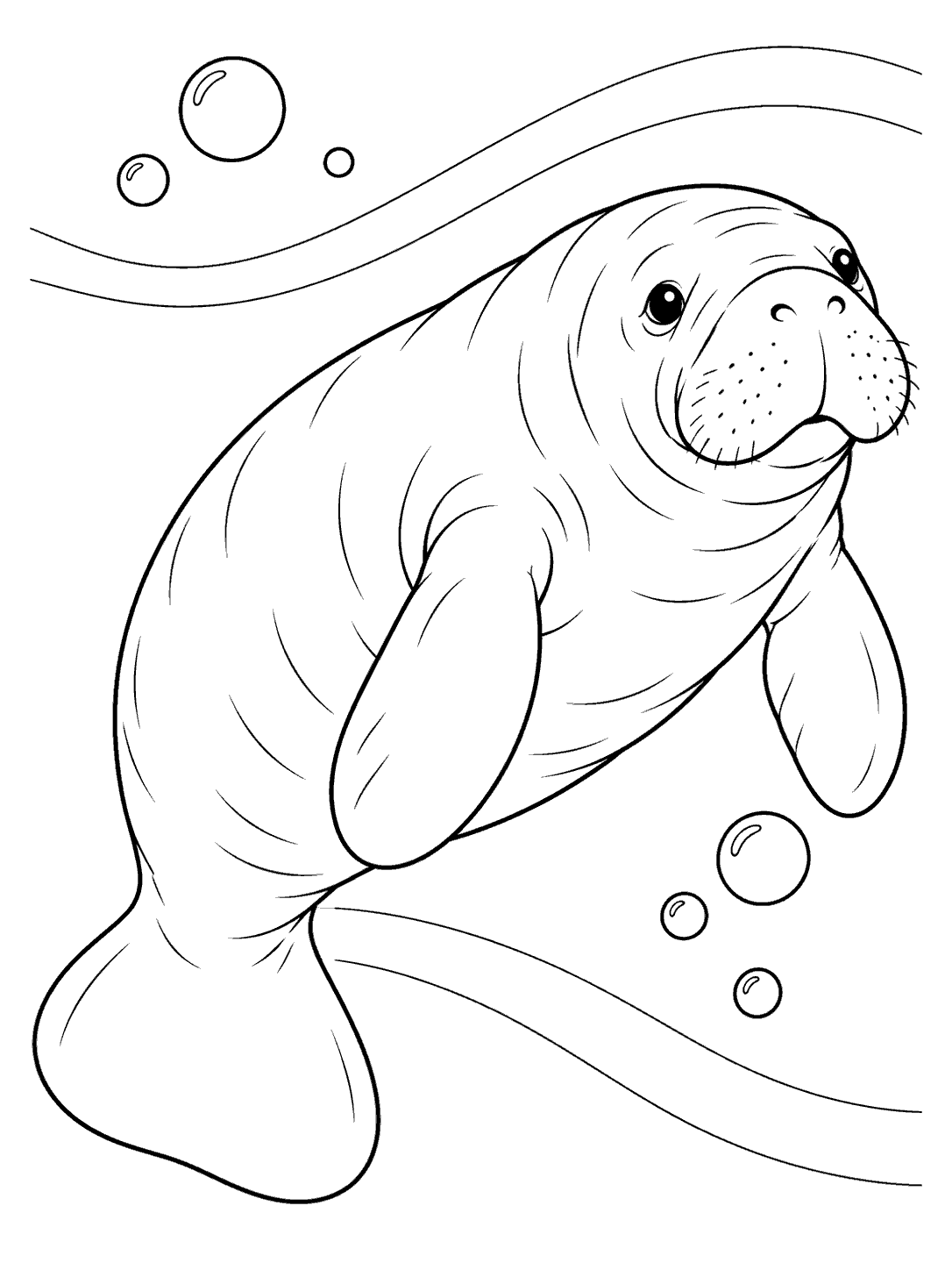 Diagonal manatee with bubbles and flowing current lines, in a black-outline coloring page