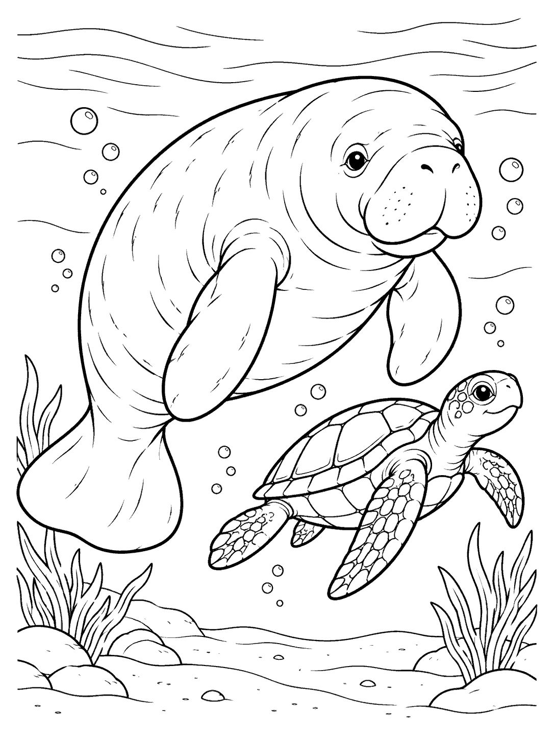 Manatee and sea turtle swimming together coloring page