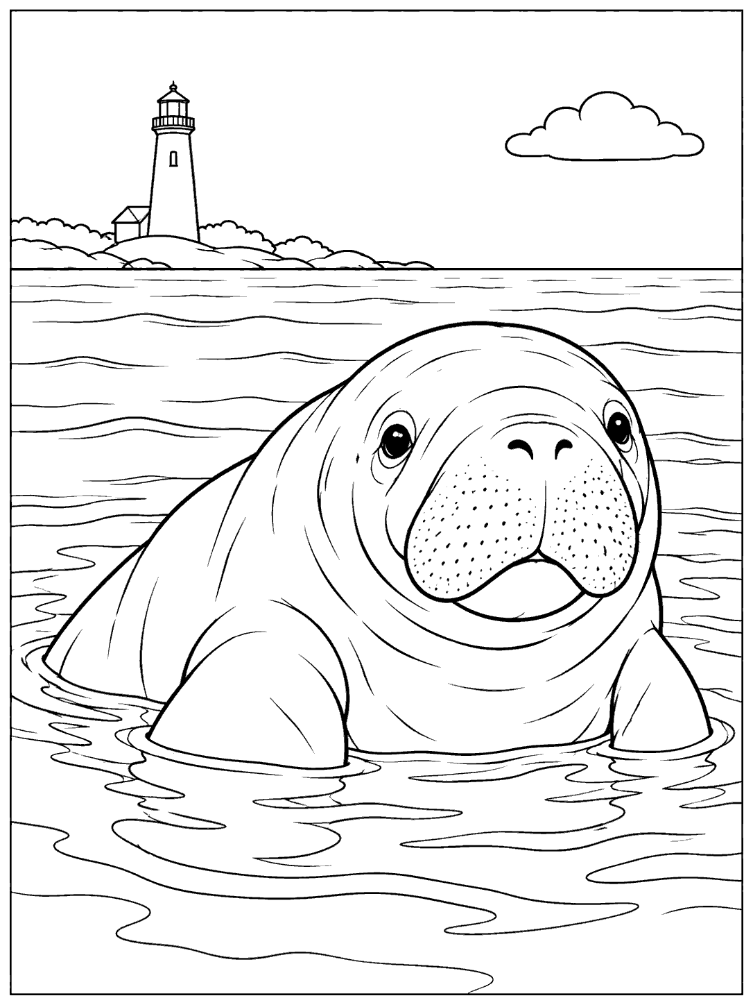 Large manatee surfacing in gentle waves near a distant lighthouse, with a cloud overhead, in a printable coloring page.