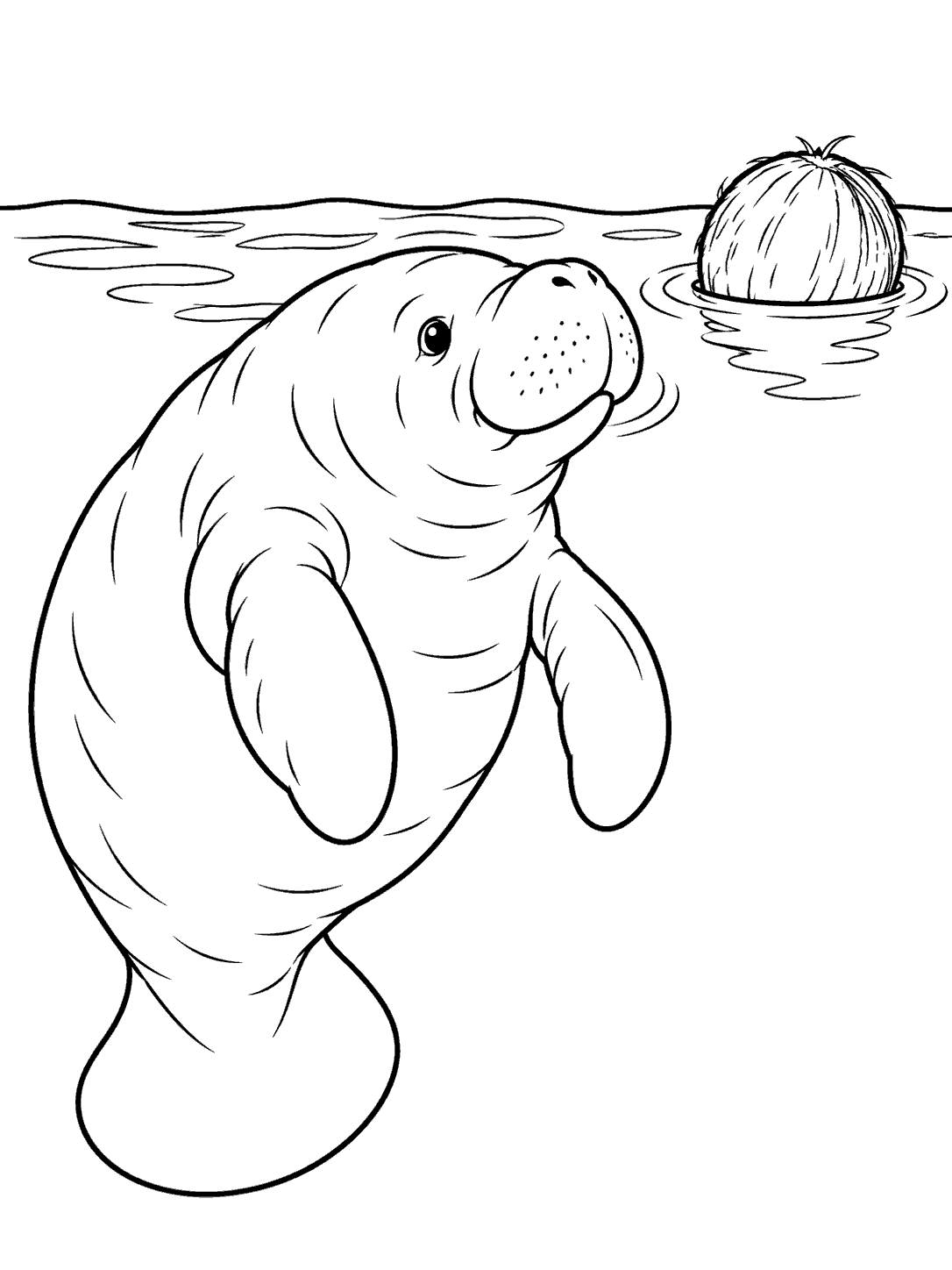Black-outline coloring page of a manatee looking at a coconut floating on rippled water.
