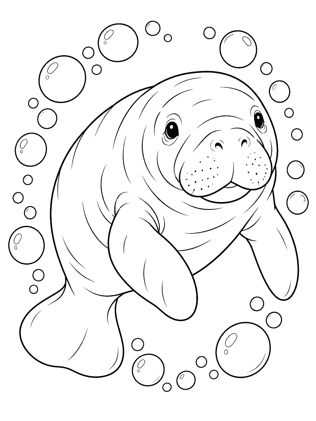 Black-outline coloring page of a manatee swimming through a ring of bubbles.
