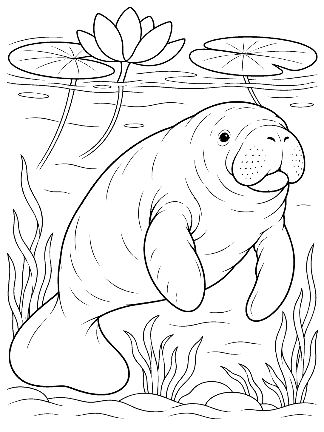 Black-outline coloring page of a smiling manatee swimming underwater beneath a water lily and two leaves, with water lines and aquatic plants.