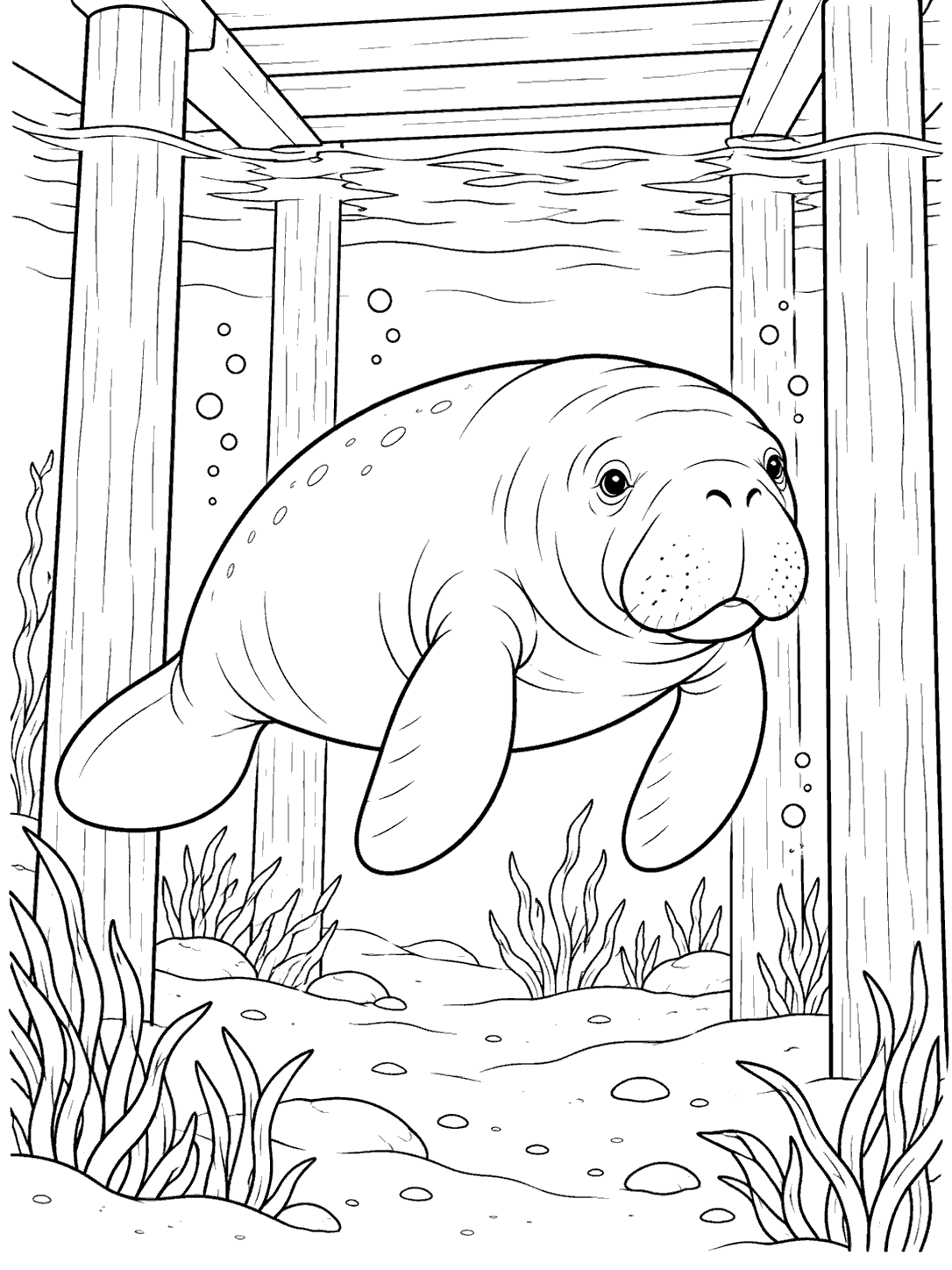 Black-outline manatee swimming between wooden dock pilings in an underwater coloring page