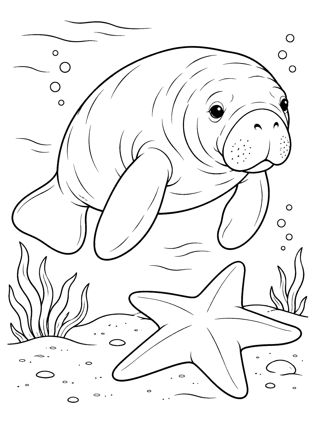 Black-outline coloring page of a manatee gliding above a large five-armed starfish, with bubbles and sea plants.