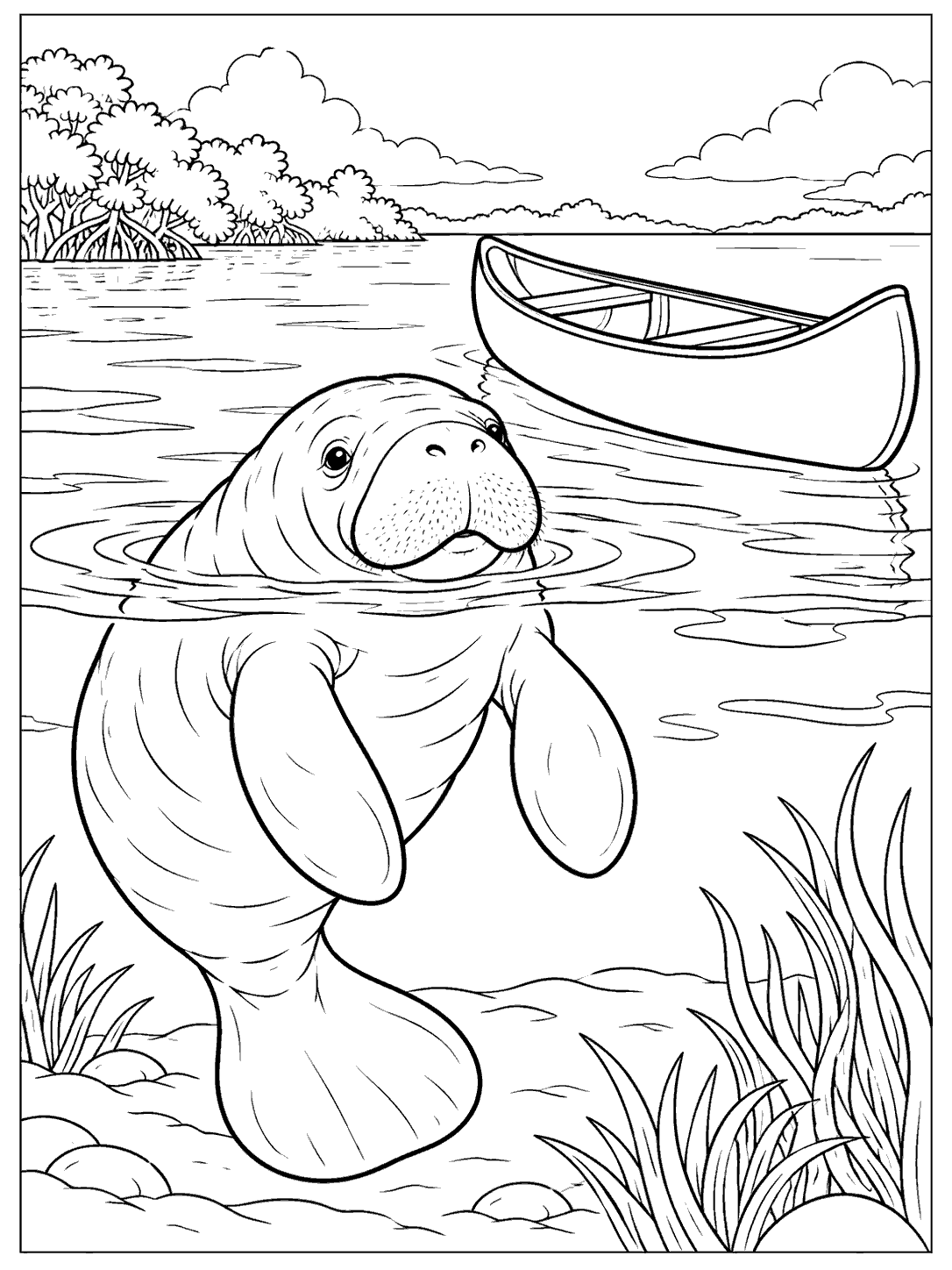 Manatee surfacing beside a canoe coloring page