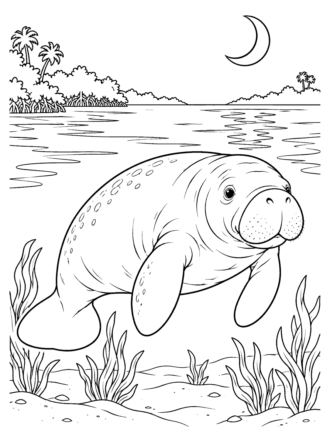 Black-outline manatee swimming in a moonlit bay coloring page