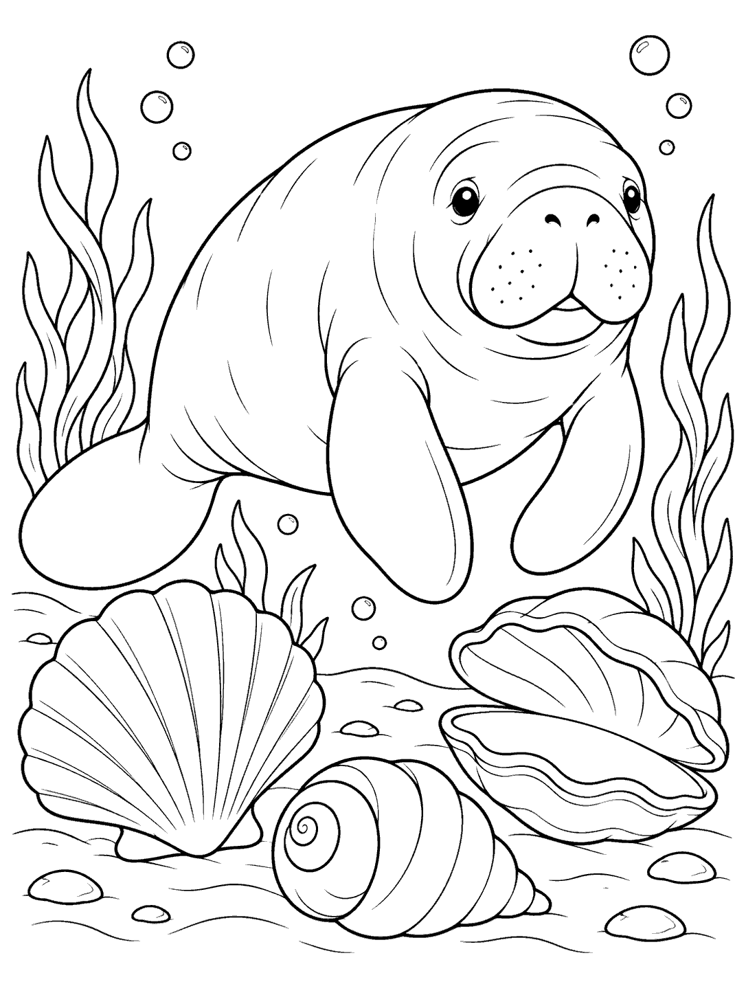 Black-outline manatee swimming among scallop, spiral, and clam shells in a printable coloring page