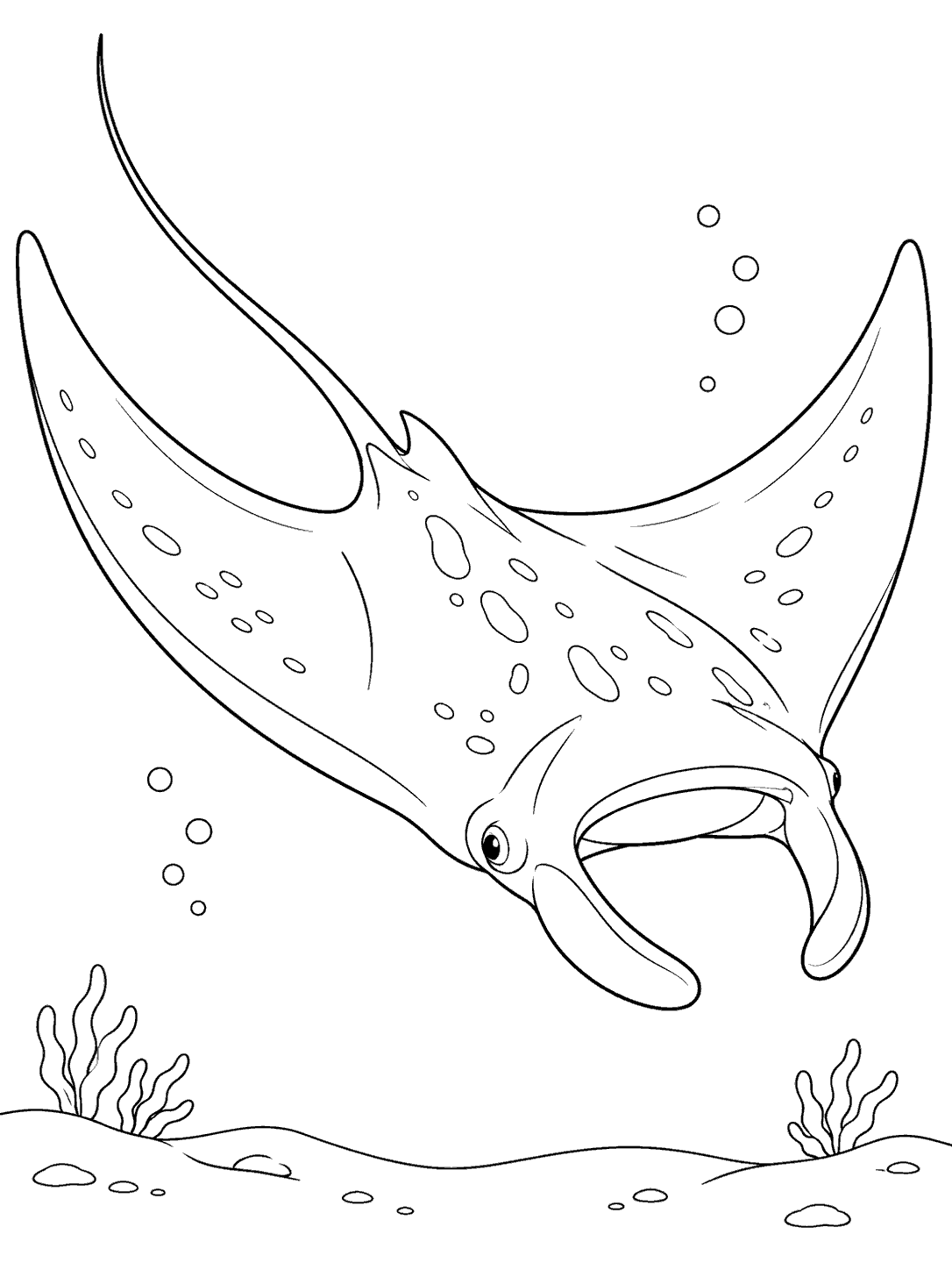 Black-outline manta ray gliding diagonally above a simple seabed with bubbles, coloring page