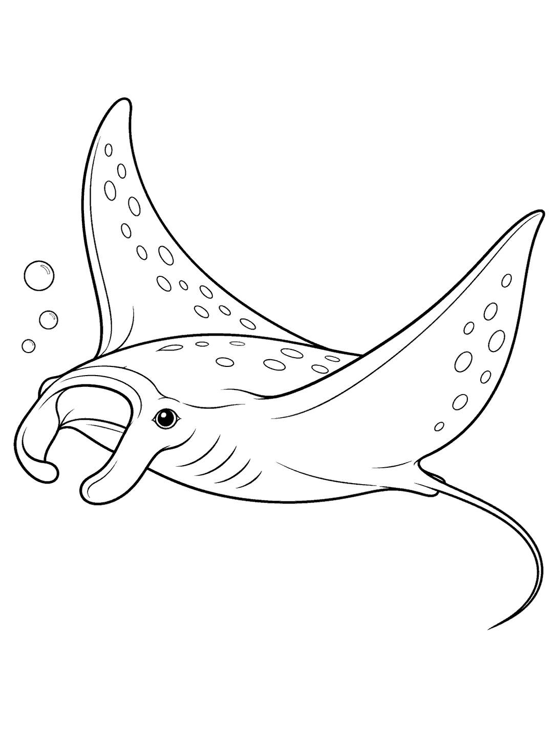 Side-view manta ray coloring page with raised wings, long tail, and three bubbles