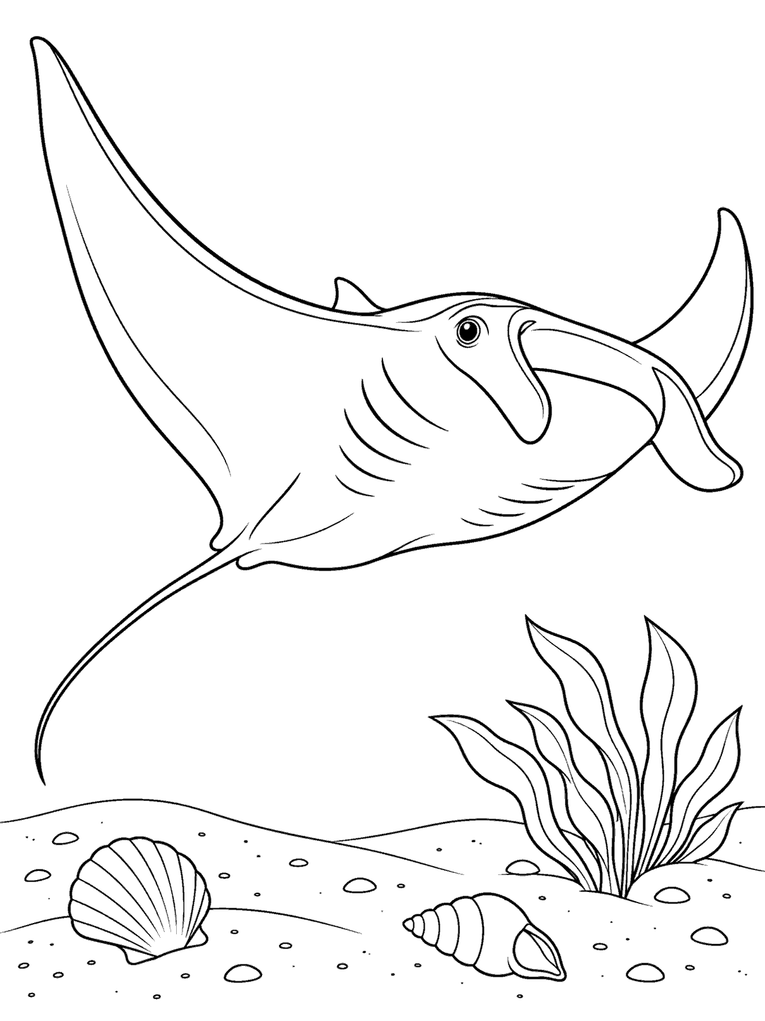 Manta ray with sweeping fins and long tail above a sandy ocean floor, with shells and sea grass, in a coloring page.