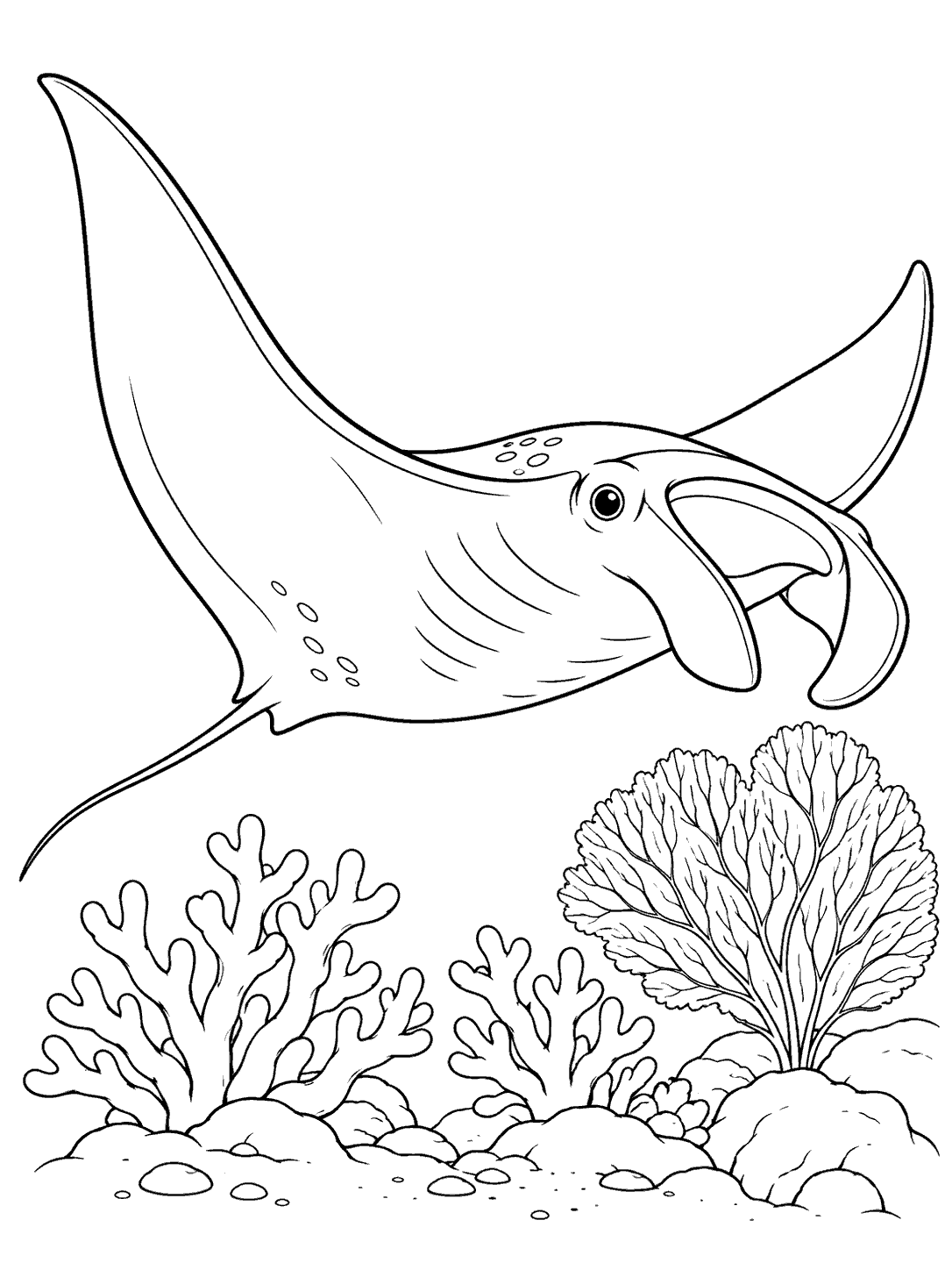 Manta ray swimming above coral reef line art coloring page
