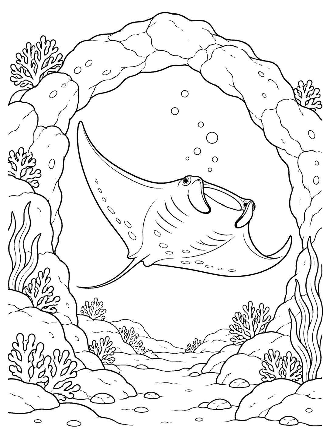 Black-and-white manta ray passing through an underwater rock arch coloring page