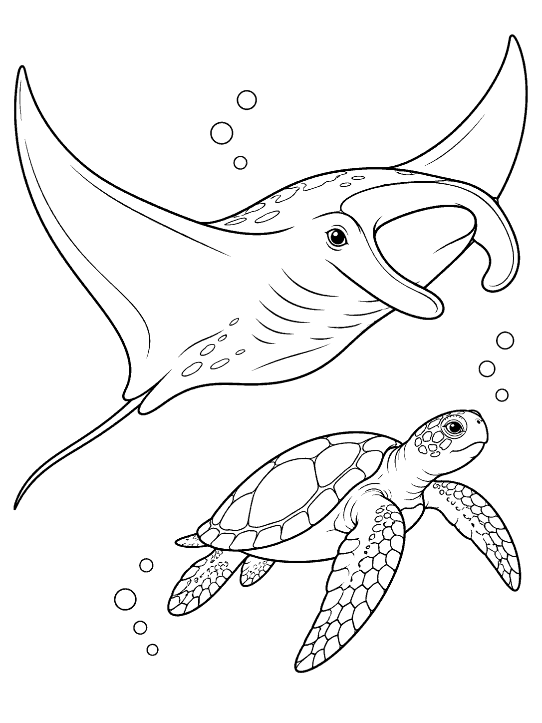 Black outline coloring page showing a broad-winged manta ray above a smaller four-flippered sea turtle, with bubbles on a white background.