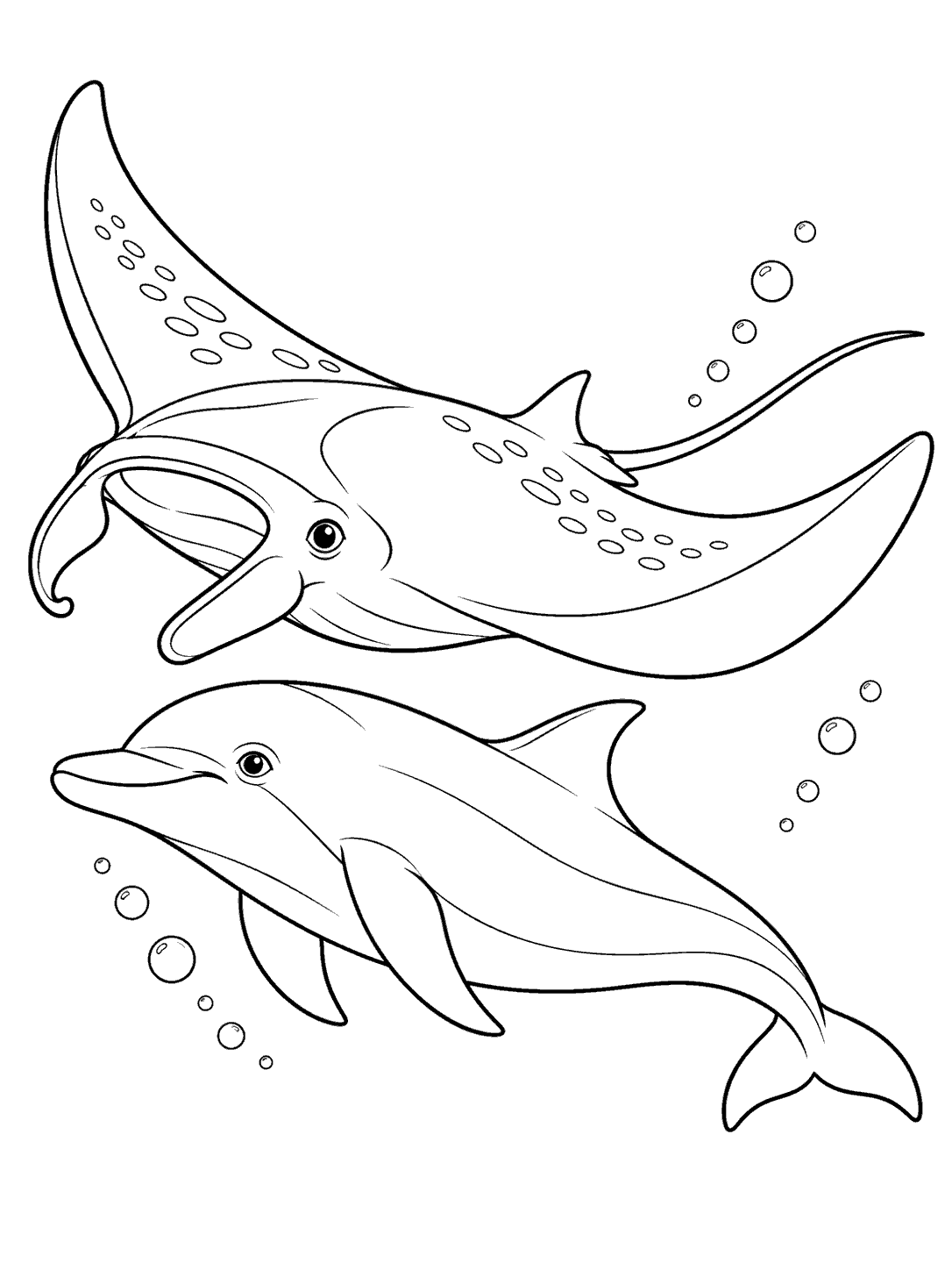 Manta ray and dolphin swimming through open water with bubbles, drawn as a black-outline coloring page.