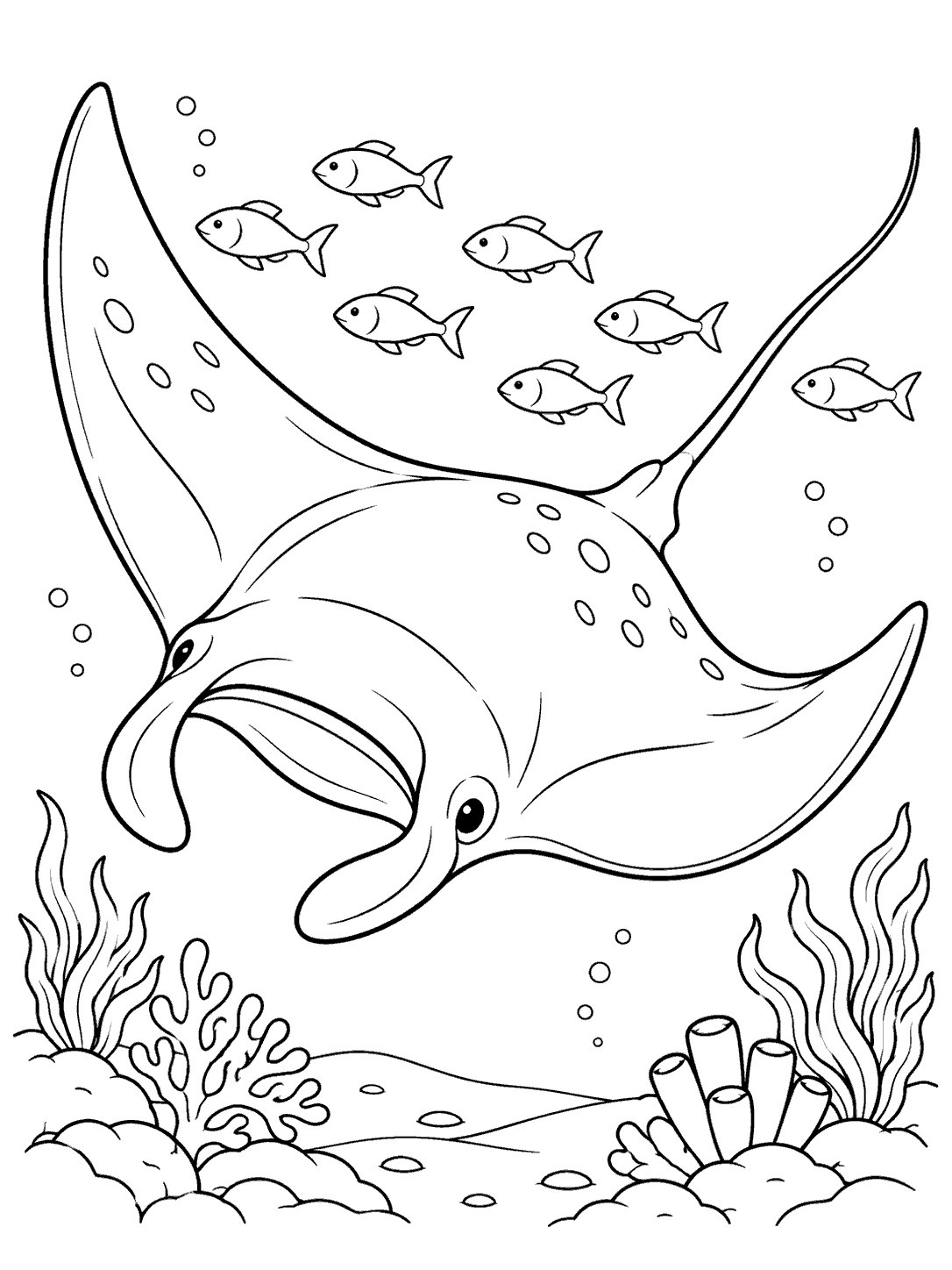 Manta ray with seven fish swimming above a colorful-looking reef in a black-and-white coloring page
