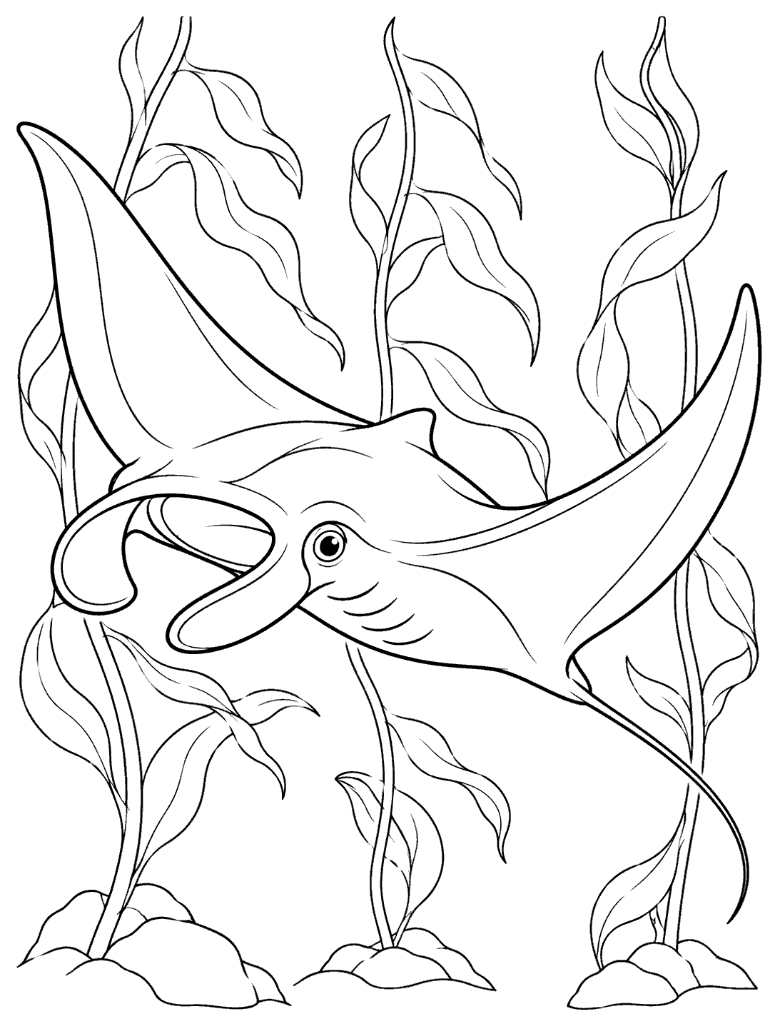 Manta ray with wide fins and a long tail swimming among kelp stalks in a black-and-white coloring page.