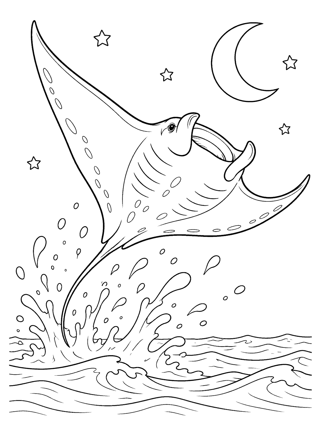 Manta ray leaping above ocean waves beneath a crescent moon coloring page