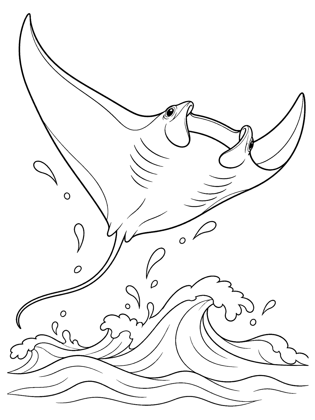 Jumping manta ray over waves coloring page