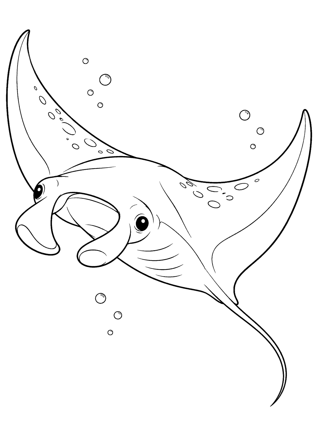 Black line art of a juvenile manta ray with broad fins, cephalic lobes, and a long tail, surrounded by bubbles on a white coloring page.