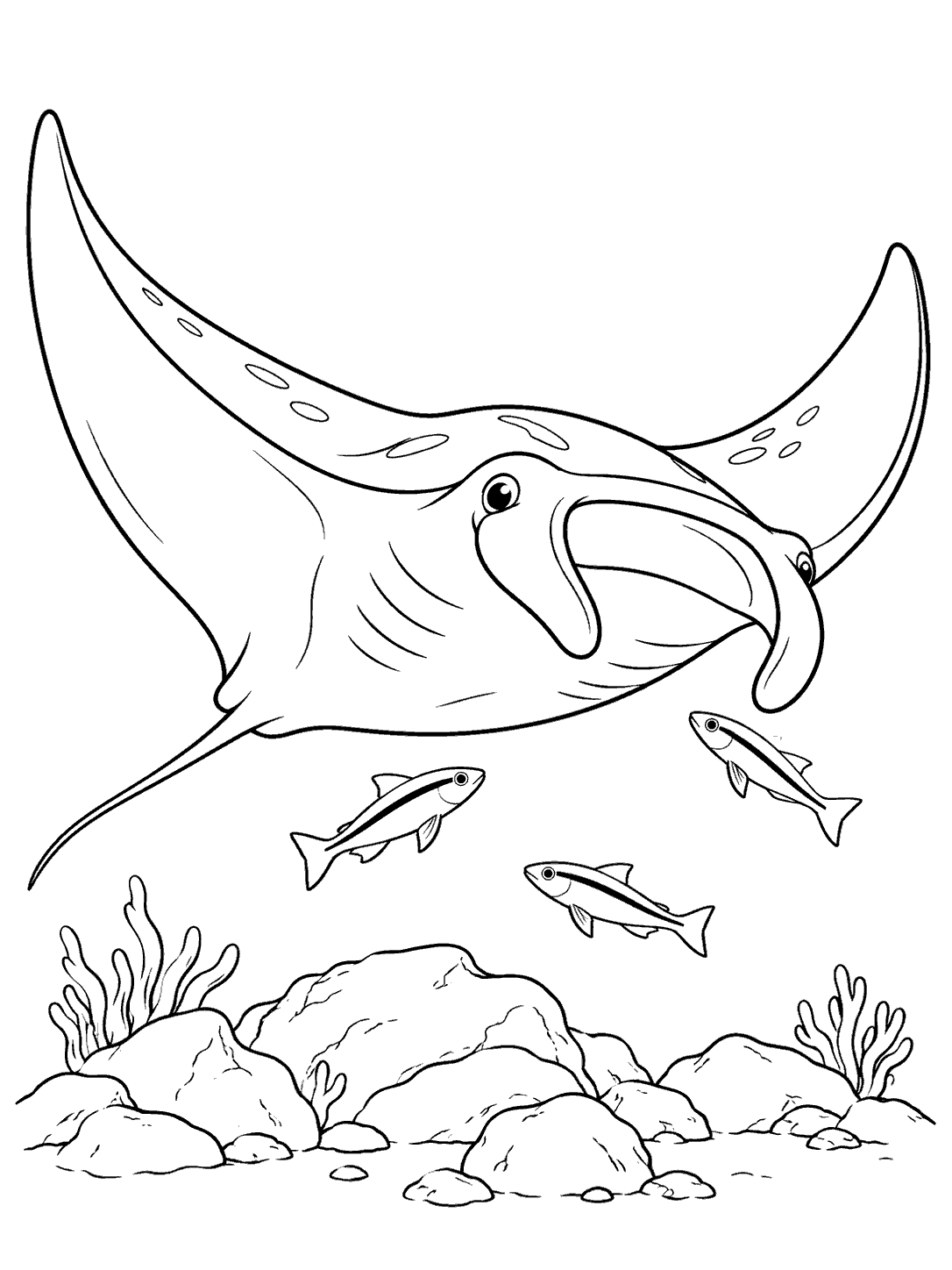 A broad-winged manta ray with visible cephalic lobes hovers above sparse rocks as three cleaner fish swim nearby, in a black-outline coloring page.