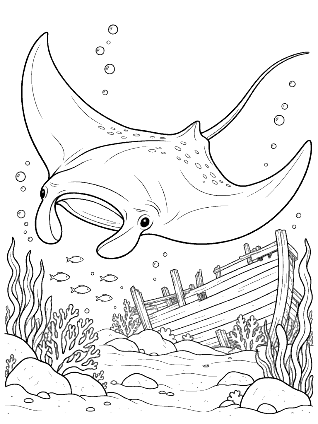 Manta ray swimming above a sunken wooden boat with fish and seabed plants in a coloring page.