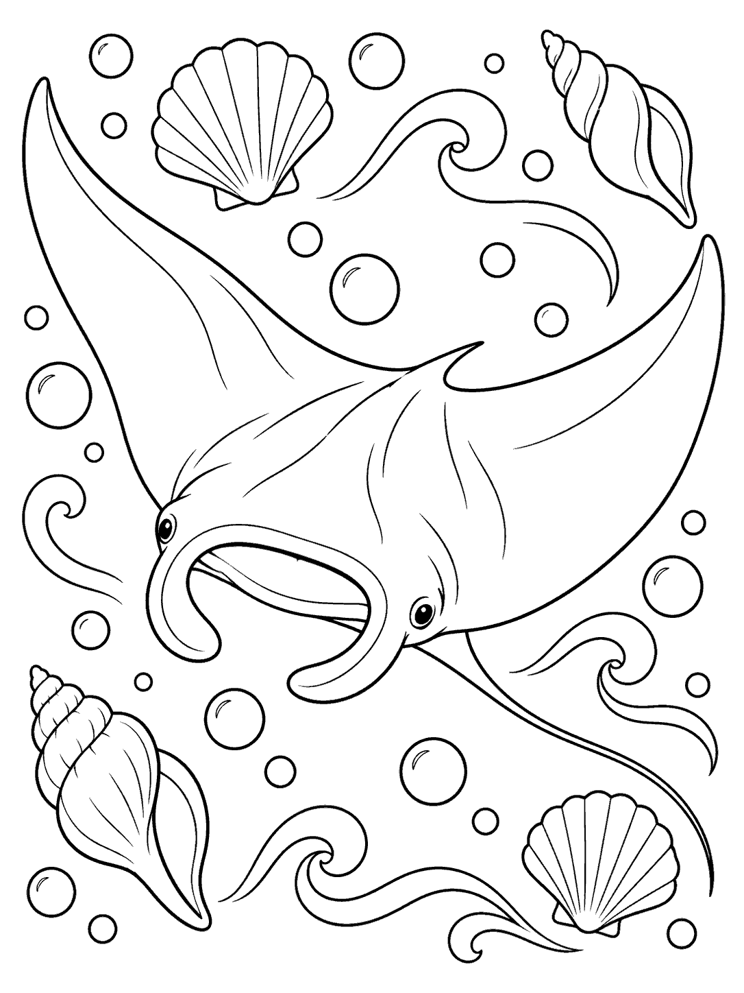 Black outline manta ray with broad fins and long tail surrounded by shells, bubbles, and wave curls on a white coloring page