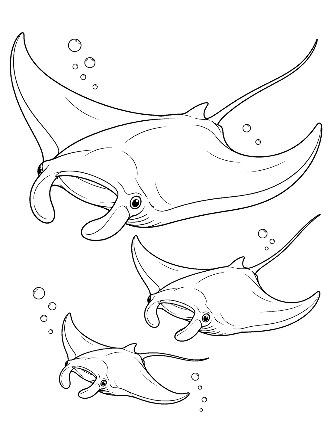 Three manta rays of different sizes swimming together with bubbles in a black-and-white coloring page.