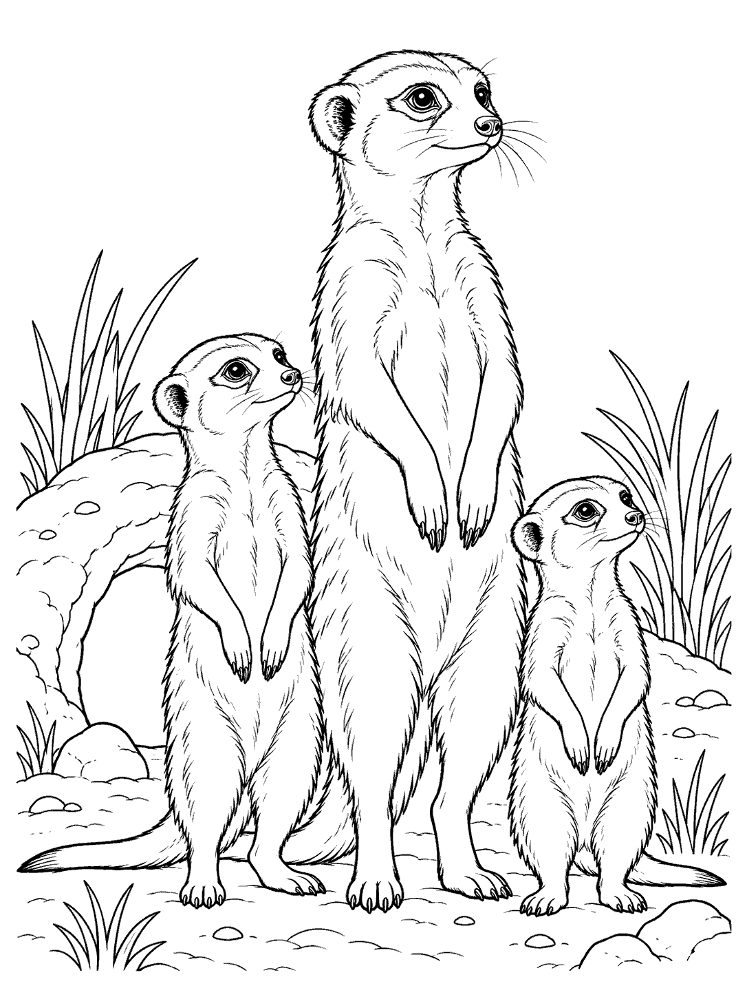 Three upright meerkats of different sizes gathered beside a burrow entrance with grasses.