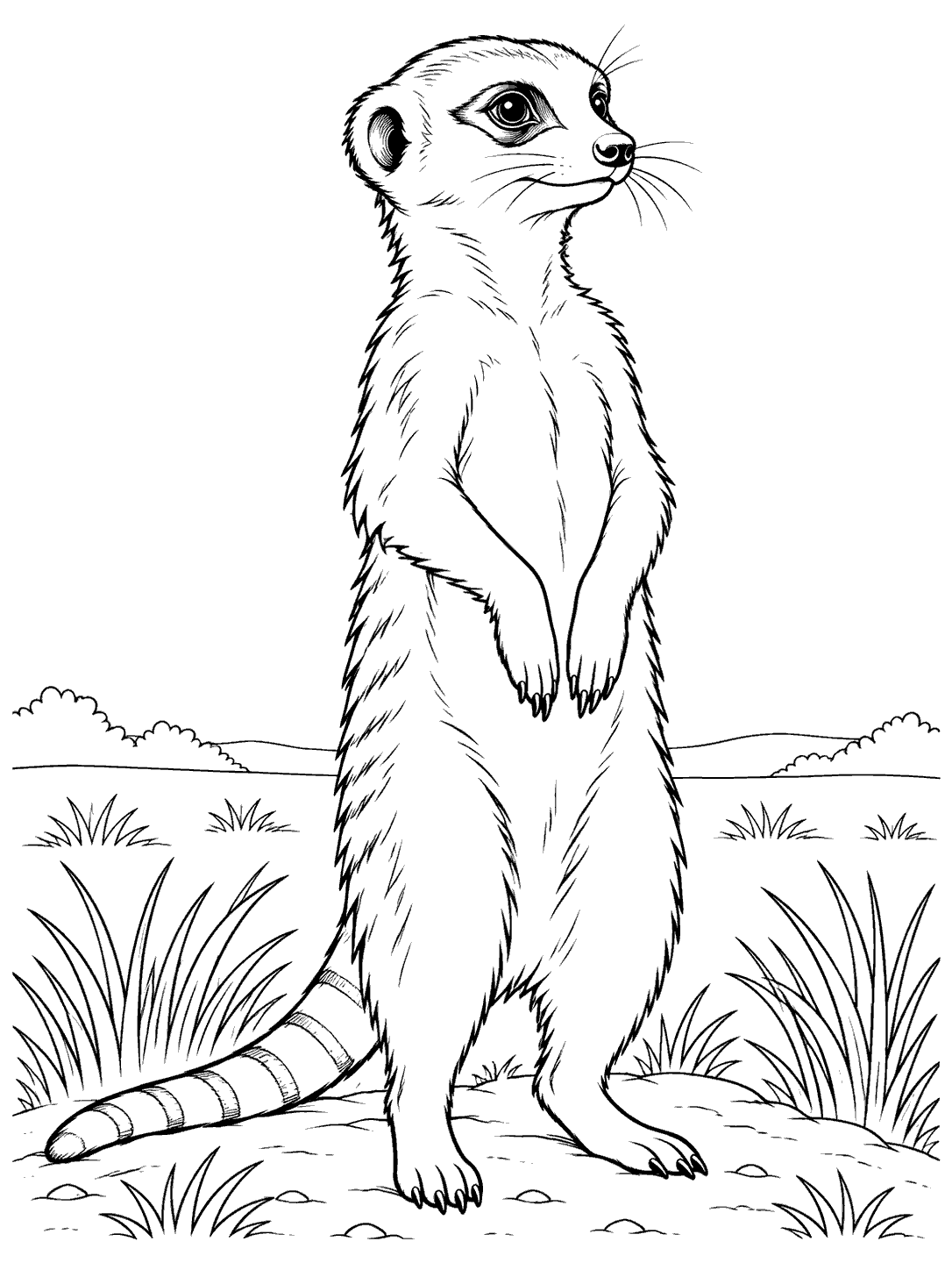 Alert meerkat standing upright with its tail stretched across the ground among grass tufts.