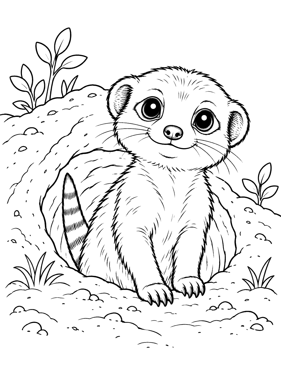 Wide-eyed meerkat pup sitting at a rounded burrow entrance, with its striped tail and small plants visible.