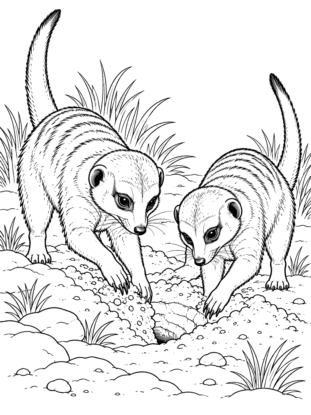 Two meerkats digging side by side near a small burrow, with upright tails, sand mounds, and grasses.