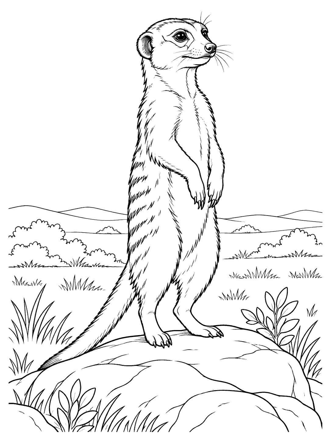 A meerkat stands upright on a broad rock, its long tapered tail stretching behind it as it looks across an open grassland.