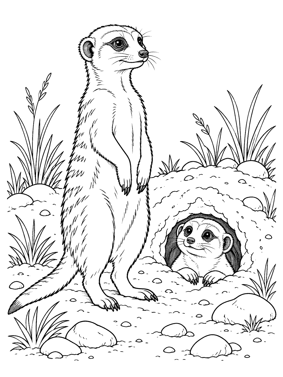 Two meerkats beside a burrow in an earthen mound, framed by grasses and rounded stones.