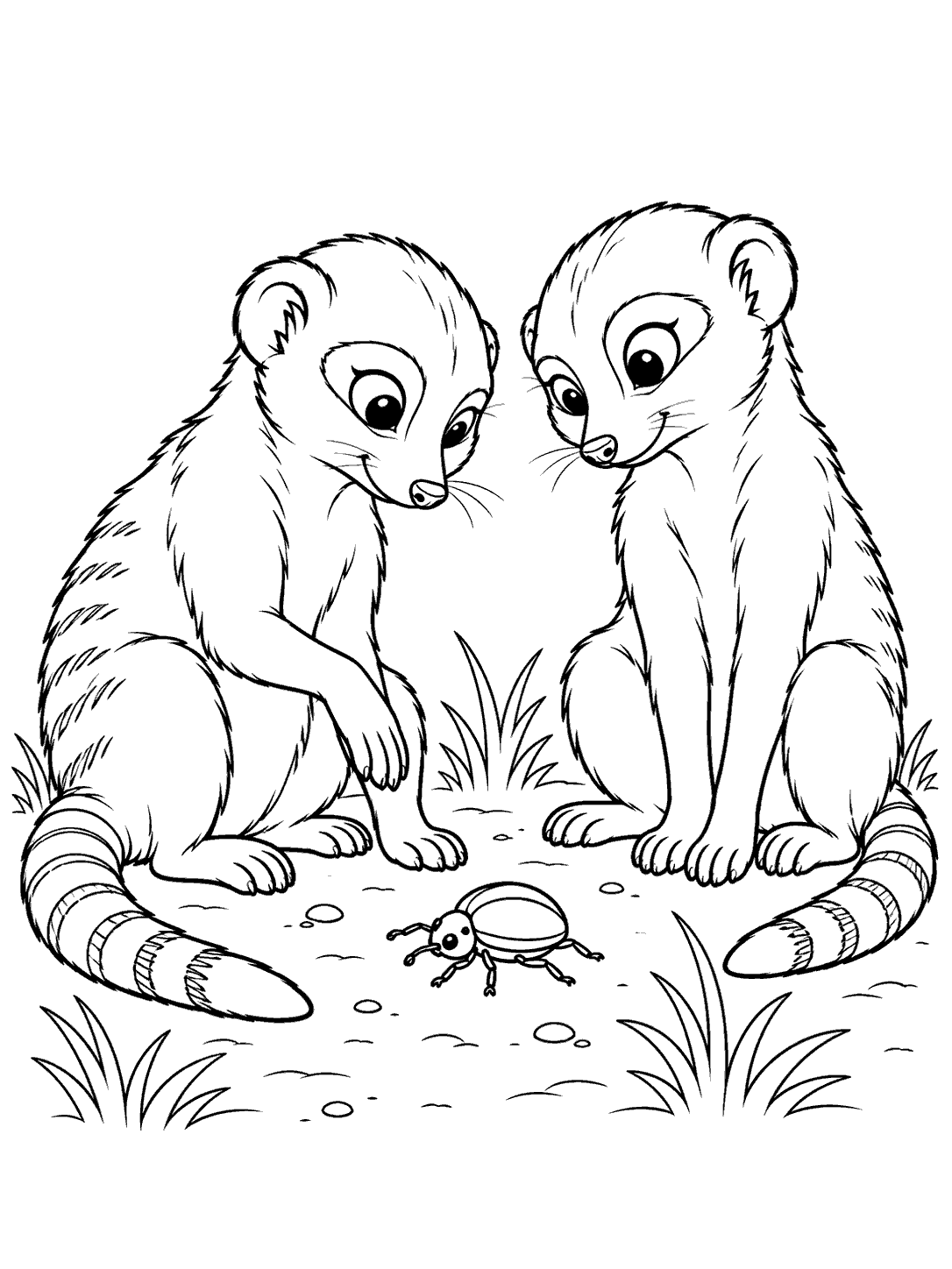 Two seated meerkats facing one another as they investigate a beetle on the ground.